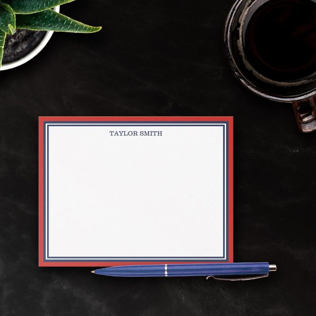 Red & Navy Blue Borders Add Your Name Note Card (Creator Uploaded)