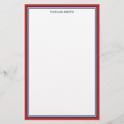 Red  Navy Blue Borders Add Your Name Stationery
