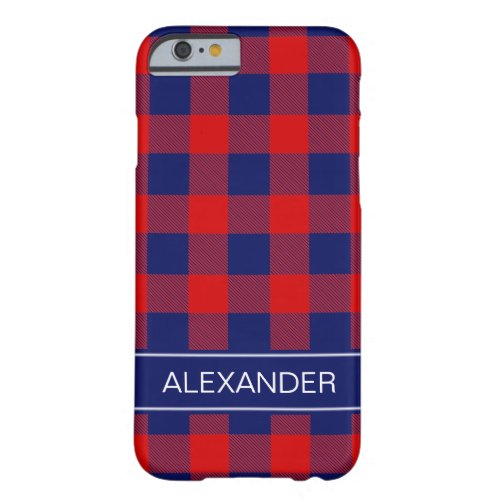 Red Navy Blue Buffalo Check Plaid Name Monogram Barely There iPhone 6 Case