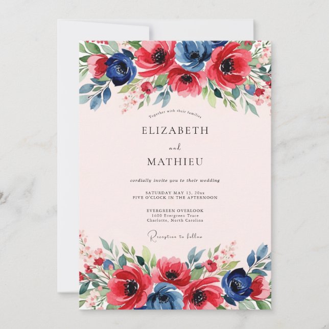 Red Navy Blue Dynamic Spring Wedding Invitation (Front)