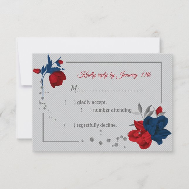 red & navy blue flowers botanical gray RSVP card (Front)