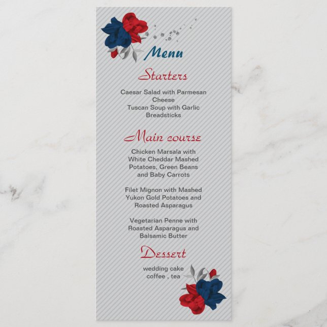 red & navy blue flowers botanical wedding menu (Front)