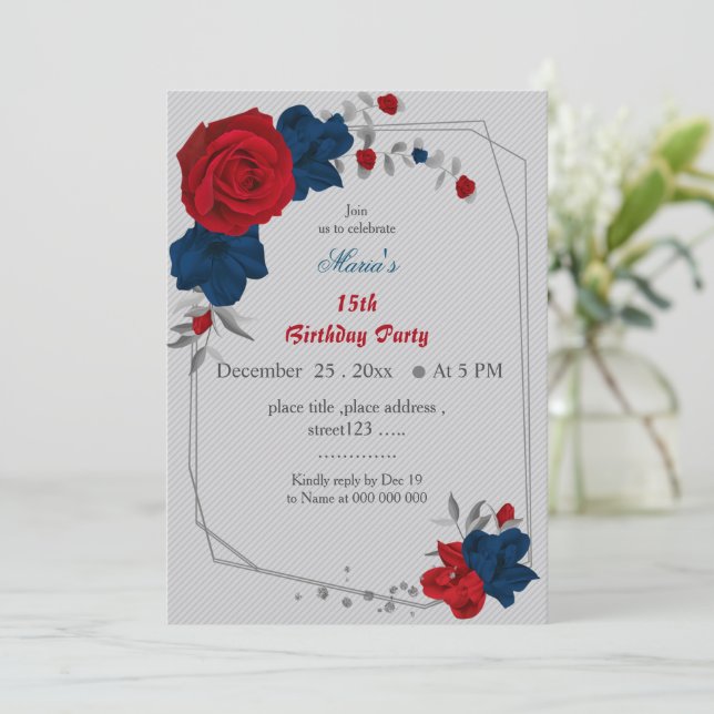 red & navy blue flowers geomertic birthday invitat invitation (Standing Front)