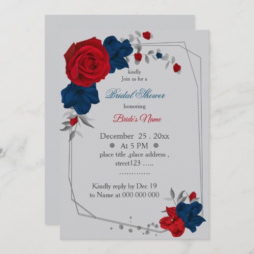 red  navy blue flowers geometric bridal shower invitation