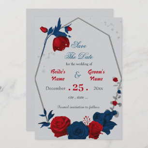 red & navy blue flowers geometric save the date invitation