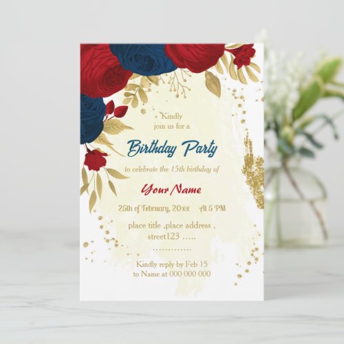 red  navy blue flowers gold leaves birthday invit invitation