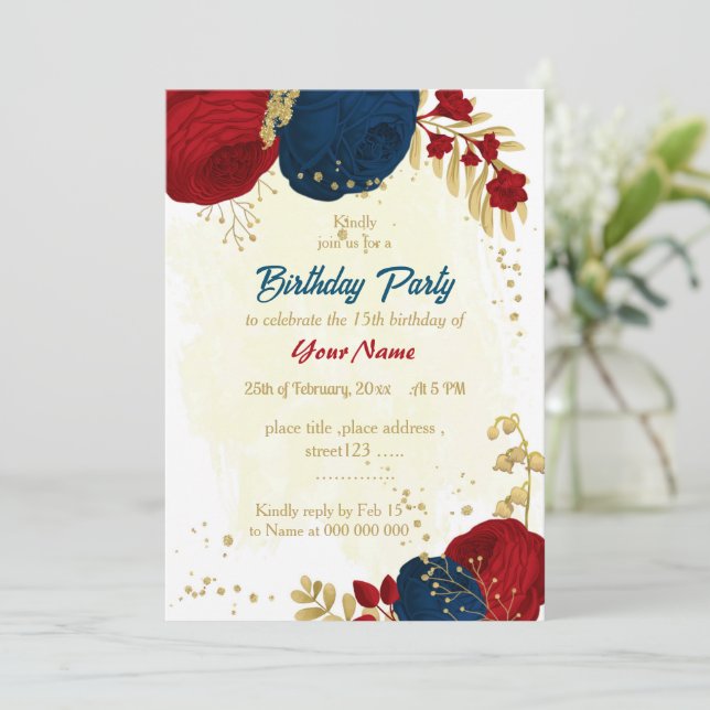 red & navy blue flowers gold leaves birthday invitation (Standing Front)