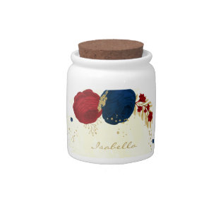 red & navy blue flowers gold leaves candy jar
