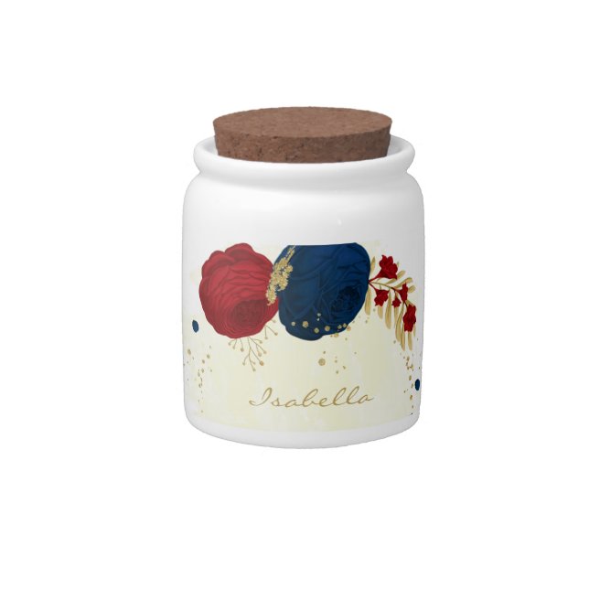 red & navy blue flowers gold leaves candy jar (Front)