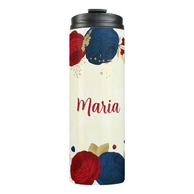 red & navy blue flowers gold leaves  thermal tumbler (Front)