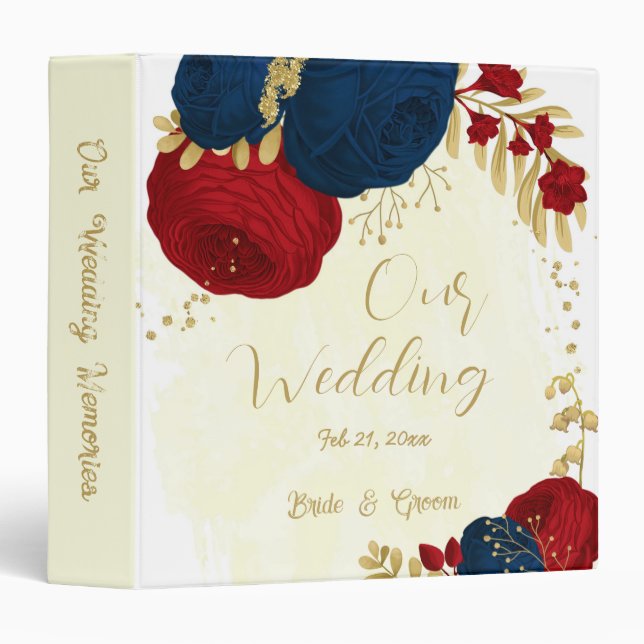 red & navy blue flowers gold leaves wedding album 3 ring binder (Front/Spine)