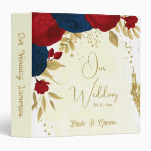 red & navy blue flowers gold leaves wedding album 3 ring binder