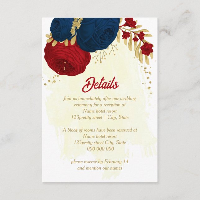 red & navy blue flowers gold leaves wedding enclos enclosure card (Front)