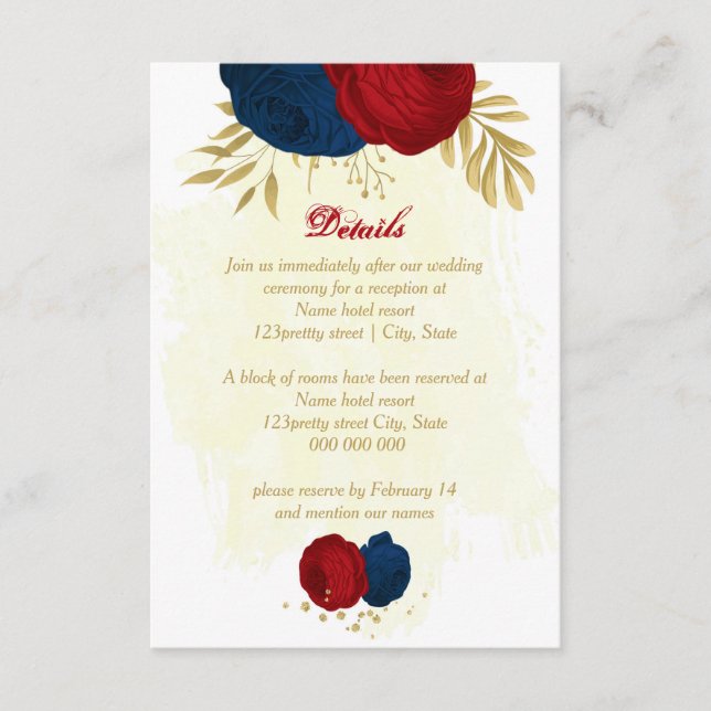 red & navy blue flowers gold leaves wedding enclosure card (Front)