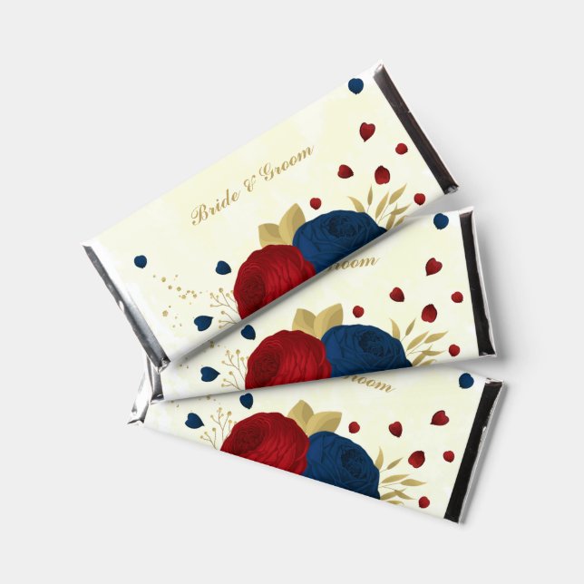 red & navy blue flowers gold leaves wedding hershey bar favors (Front)