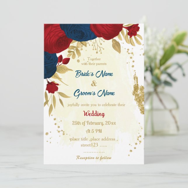 red & navy blue flowers gold leaves wedding invitation (Standing Front)