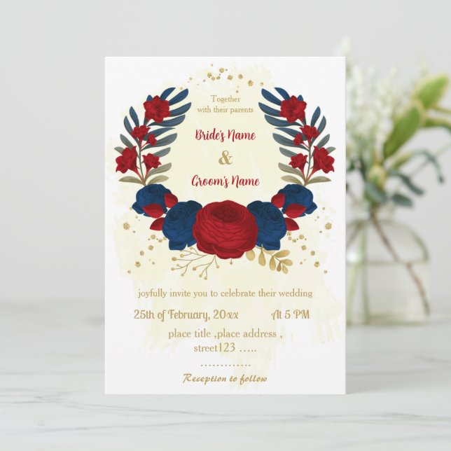 red & navy blue flowers gold leaves wedding invitation (Standing Front)