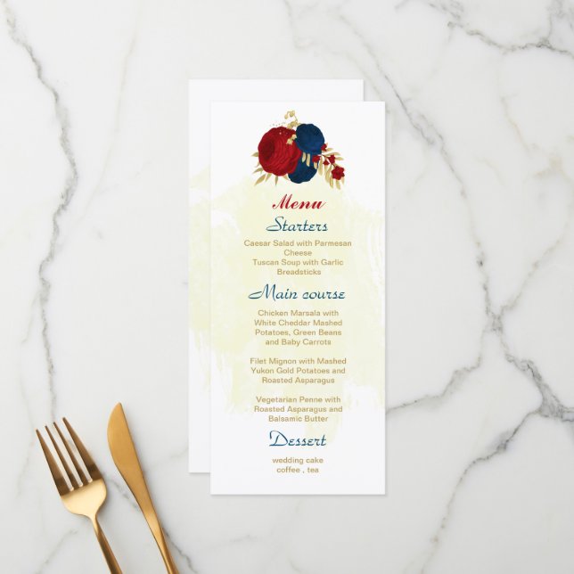 red & navy blue flowers gold leaves wedding menu (Front/Back In Situ)