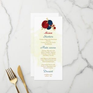 red & navy blue flowers gold leaves wedding menu