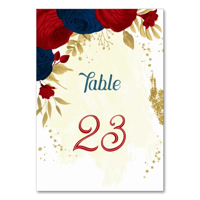 red & navy blue flowers gold leaves wedding table number (Front)