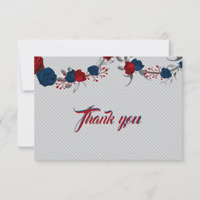 red & navy blue flowers gray leaves thank you card (Front)