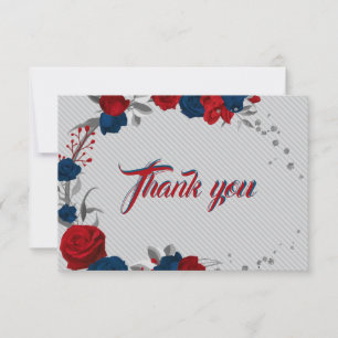 red & navy blue flowers gray leaves thank you card