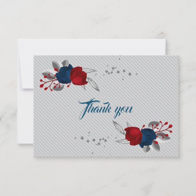 red & navy blue flowers gray leaves thank you card (Front)