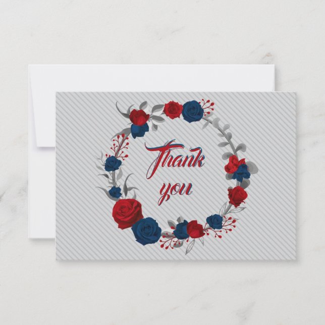 red & navy blue flowers gray leaves wreath thank you card (Front)