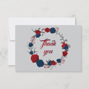 red & navy blue flowers gray leaves wreath thank you card
