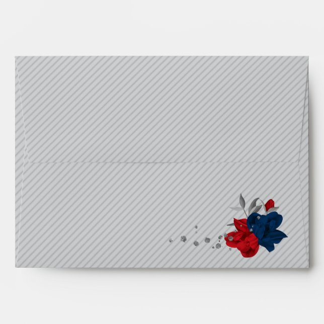red & navy blue flowers gray wedding envelope (Back (Top Flap))