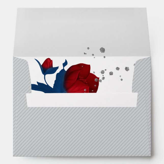 red & navy blue flowers gray wedding envelope (Back (Bottom))