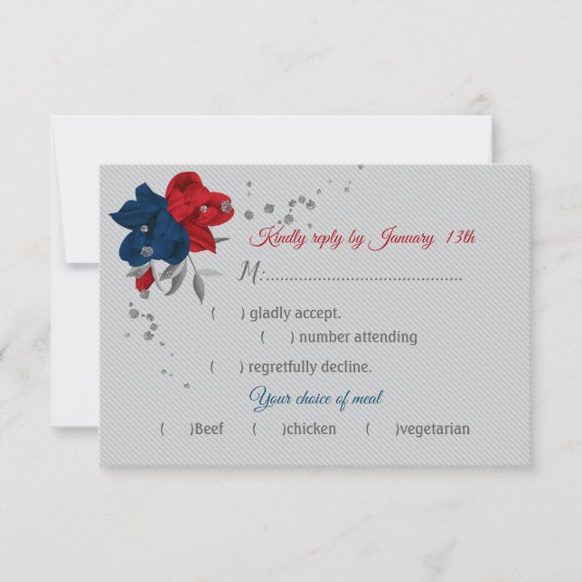 red & navy blue flowers meal choice botanical gray RSVP card (Front)