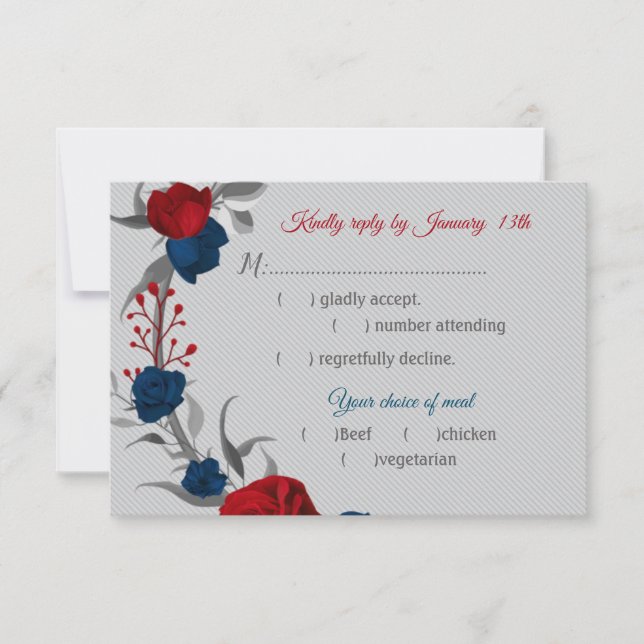 red & navy blue flowers meal choice botanical gray RSVP card (Front)