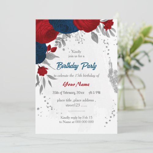 red  navy blue flowers silver birthday party  invitation