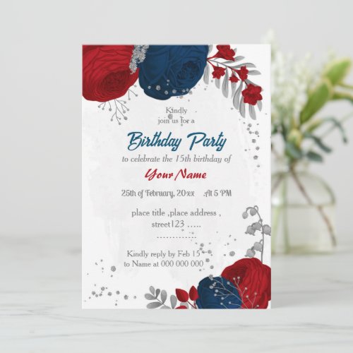 red  navy blue flowers silver birthday party  invitation