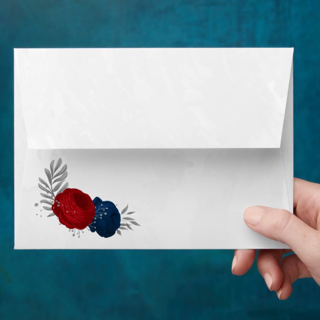 red & navy blue flowers silver botanical envelope (Hand)