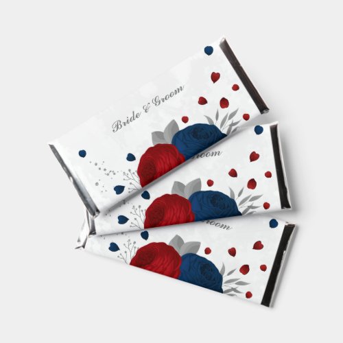 red  navy blue flowers silver botanical wedding hershey bar favors