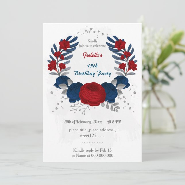 red & navy blue flowers silver leaves birthday  invitation (Standing Front)