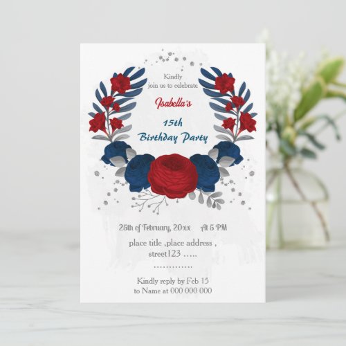 red  navy blue flowers silver leaves birthday  invitation