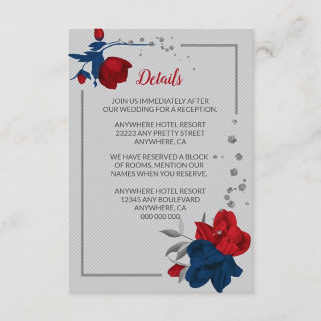 Red & navy blue flowers silver leaves details enclosure card (Front)