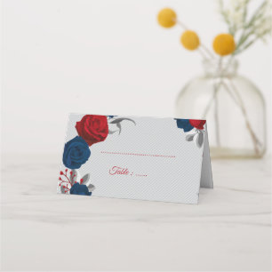 red & navy blue flowers silver leaves gray place card