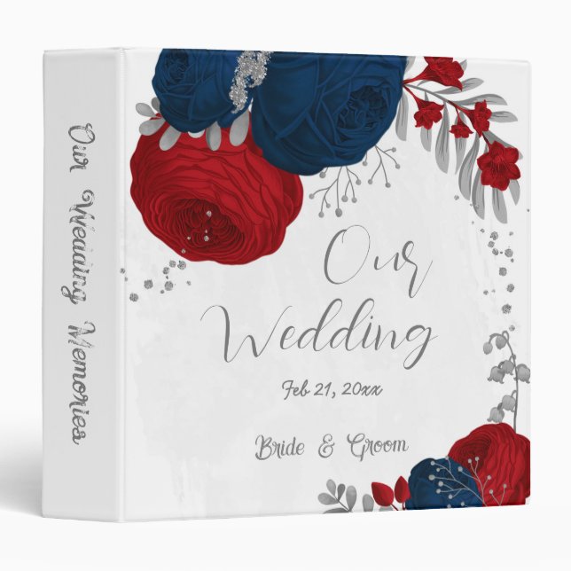 red navy blue flowers silver leaves wedding album 3 ring binder (Front/Spine)