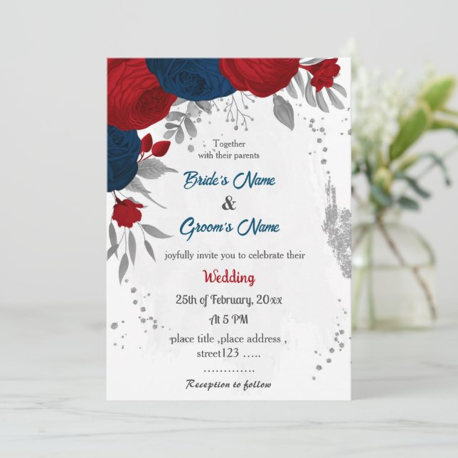 red & navy blue flowers silver leaves wedding invitation (Standing Front)