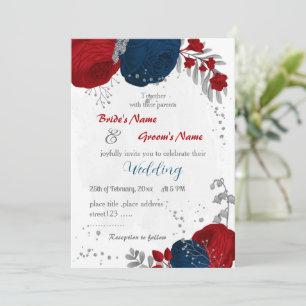 red & navy blue flowers silver leaves wedding invitation