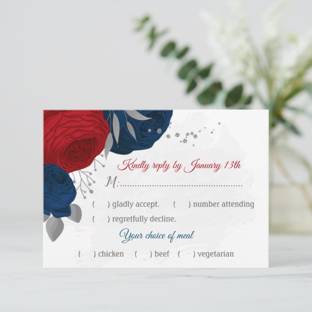 red & navy blue flowers silver meal choice RSVP card (Standing Front)