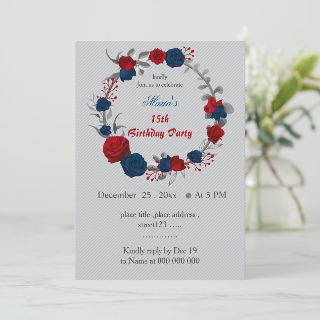 red & navy blue flowers wreath birthday invitation (Standing Front)