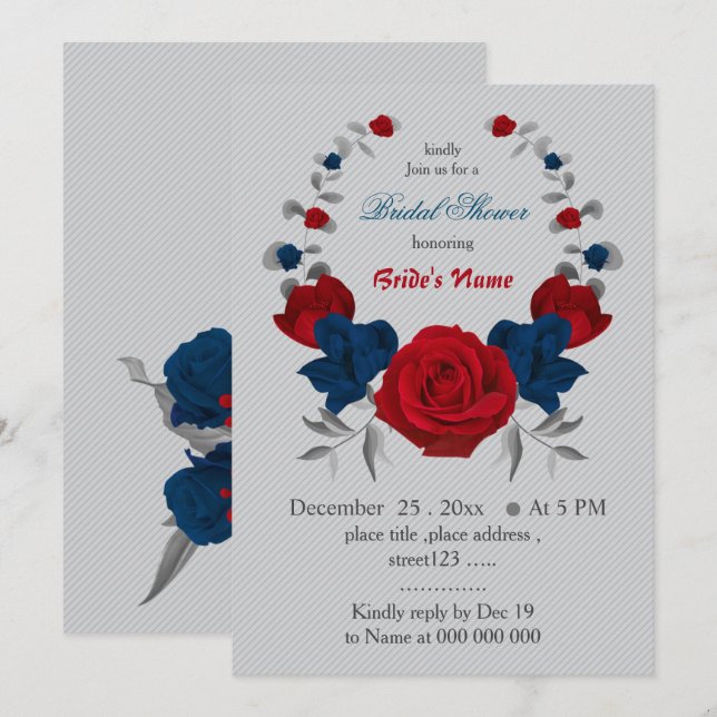 red & navy blue flowers wreath bridal shower invitation (Front/Back)