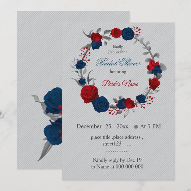 red & navy blue flowers wreath bridal shower invitation (Front/Back)