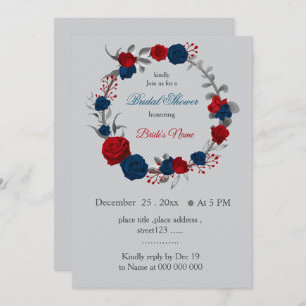 red & navy blue flowers wreath bridal shower invitation