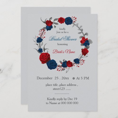 red  navy blue flowers wreath bridal shower invitation